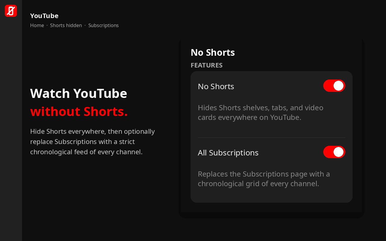 No Shorts popup with feature toggles